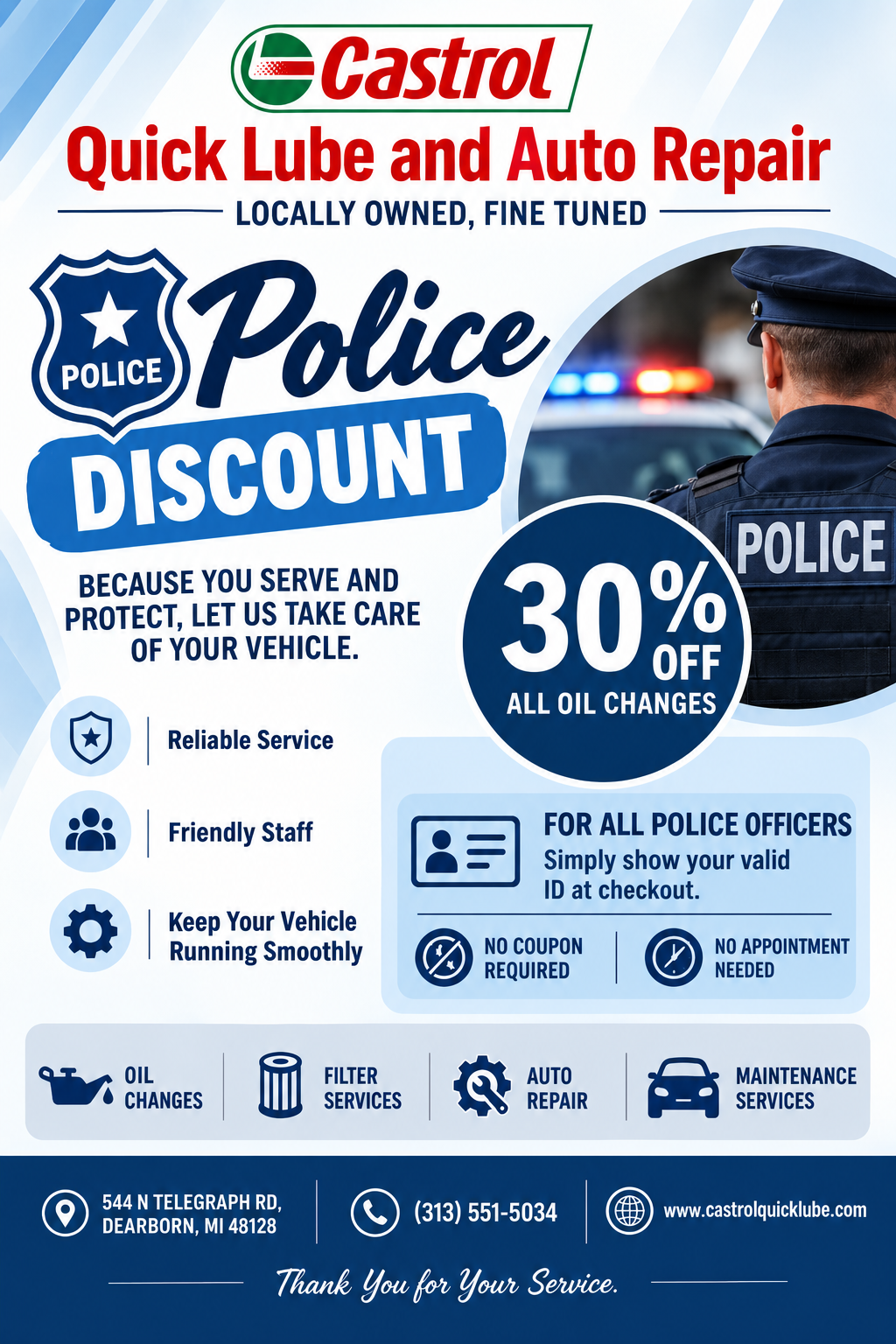 Flyer for the 30% police discount on oil changes at Castrol Quick Lube Dearborn
