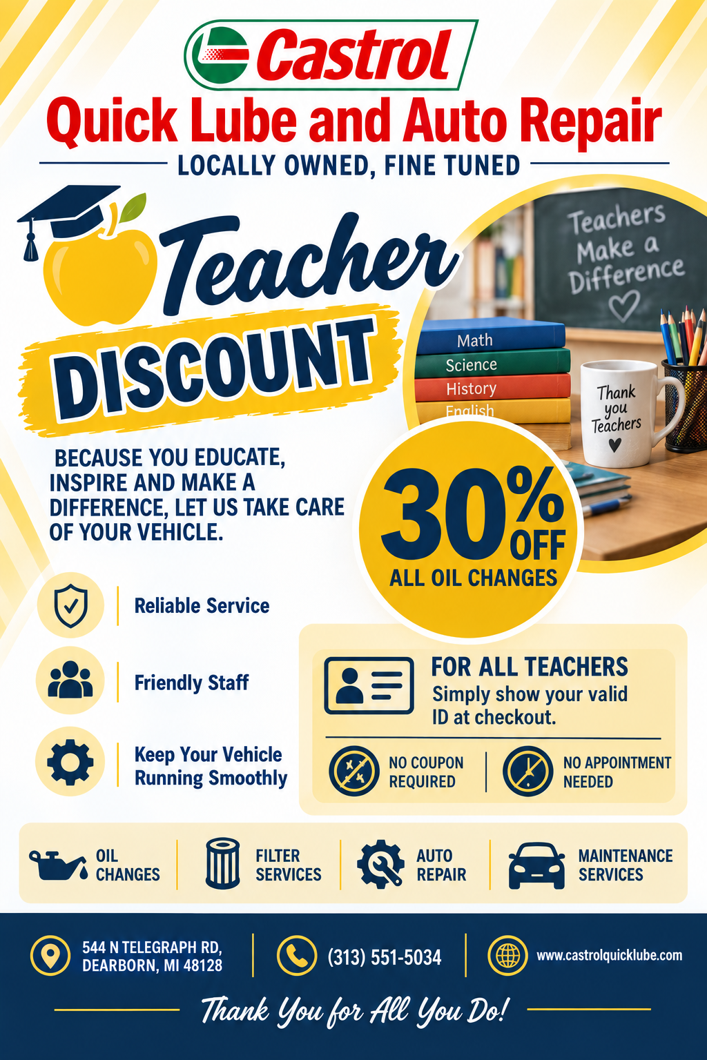 Flyer for the 30% teacher discount on oil changes at Castrol Quick Lube Dearborn