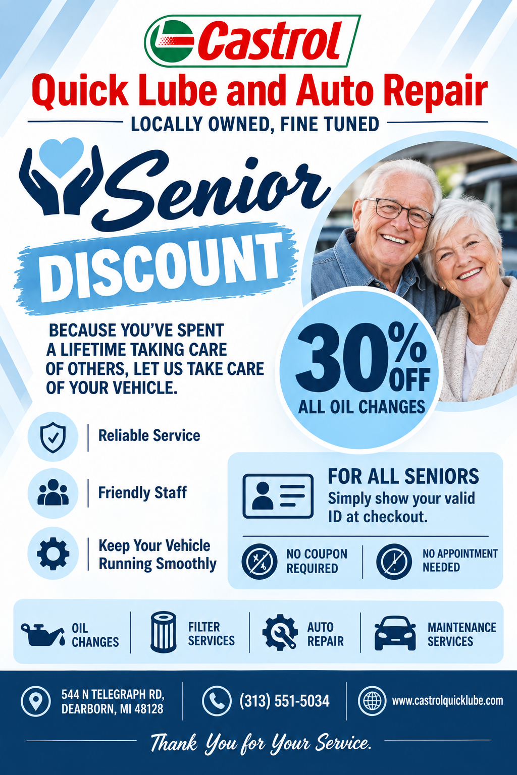 Flyer for the 30% senior discount on oil changes at Castrol Quick Lube Dearborn