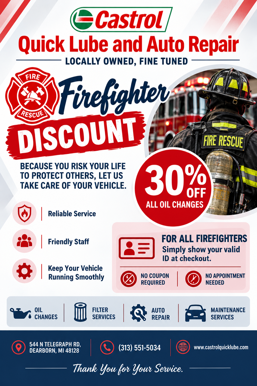 Flyer for the 30% firefighter discount on oil changes at Castrol Quick Lube Dearborn