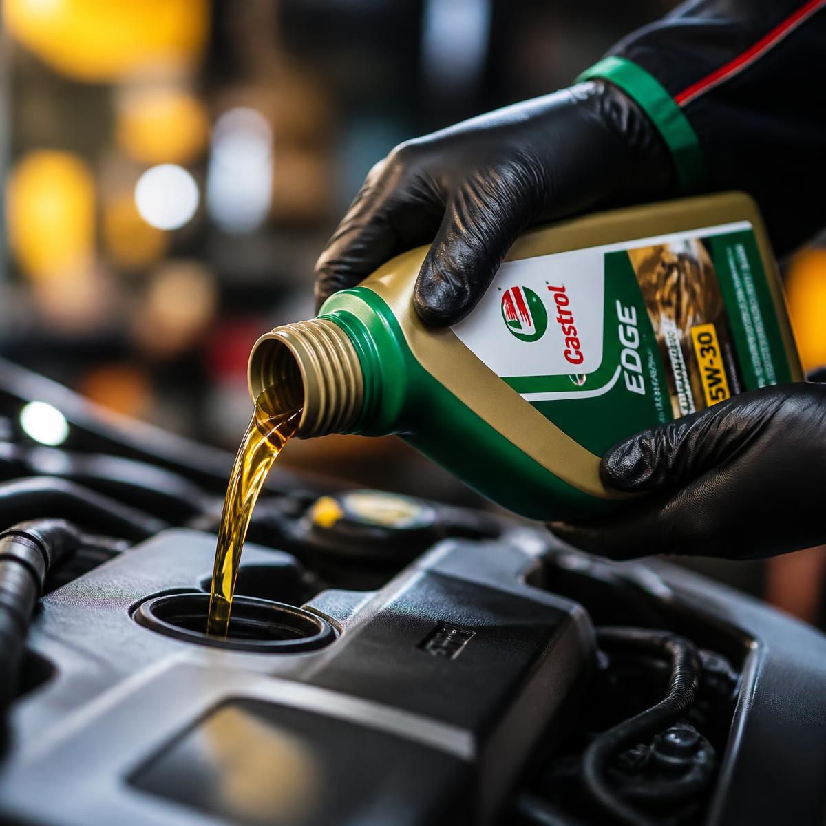 Fresh Castrol EDGE oil being poured into an engine